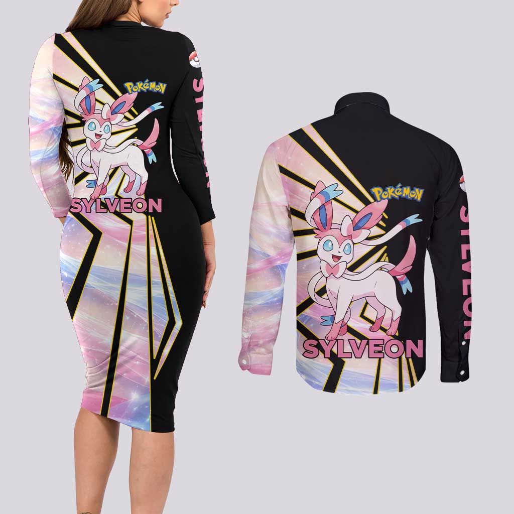 Sylveon Poké Couples Matching Long Sleeve Bodycon Dress and Long Sleeve Button Shirt Pastel Ribbon Comic Style