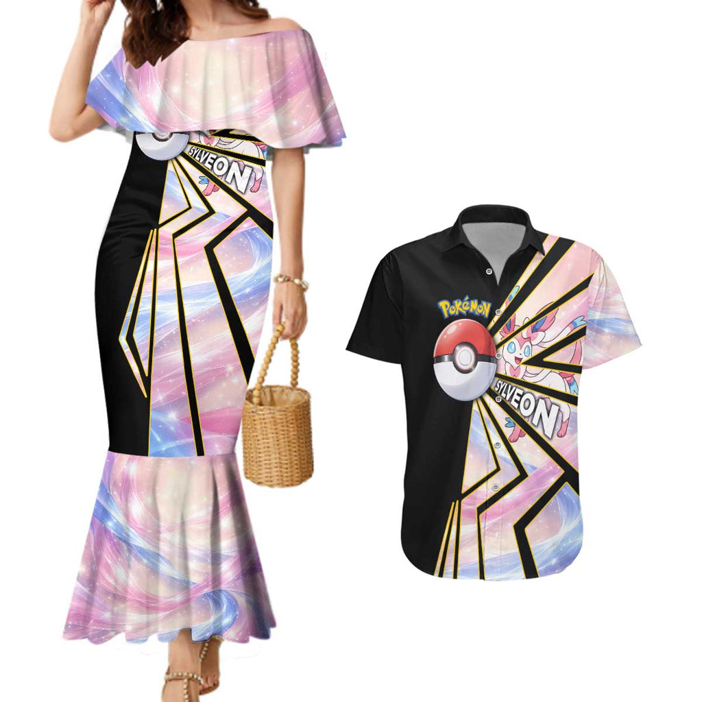 Sylveon Poké Couples Matching Mermaid Dress and Hawaiian Shirt Pastel Ribbon Comic Style