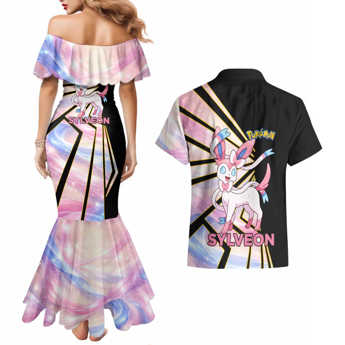 Sylveon Poké Couples Matching Mermaid Dress and Hawaiian Shirt Pastel Ribbon Comic Style