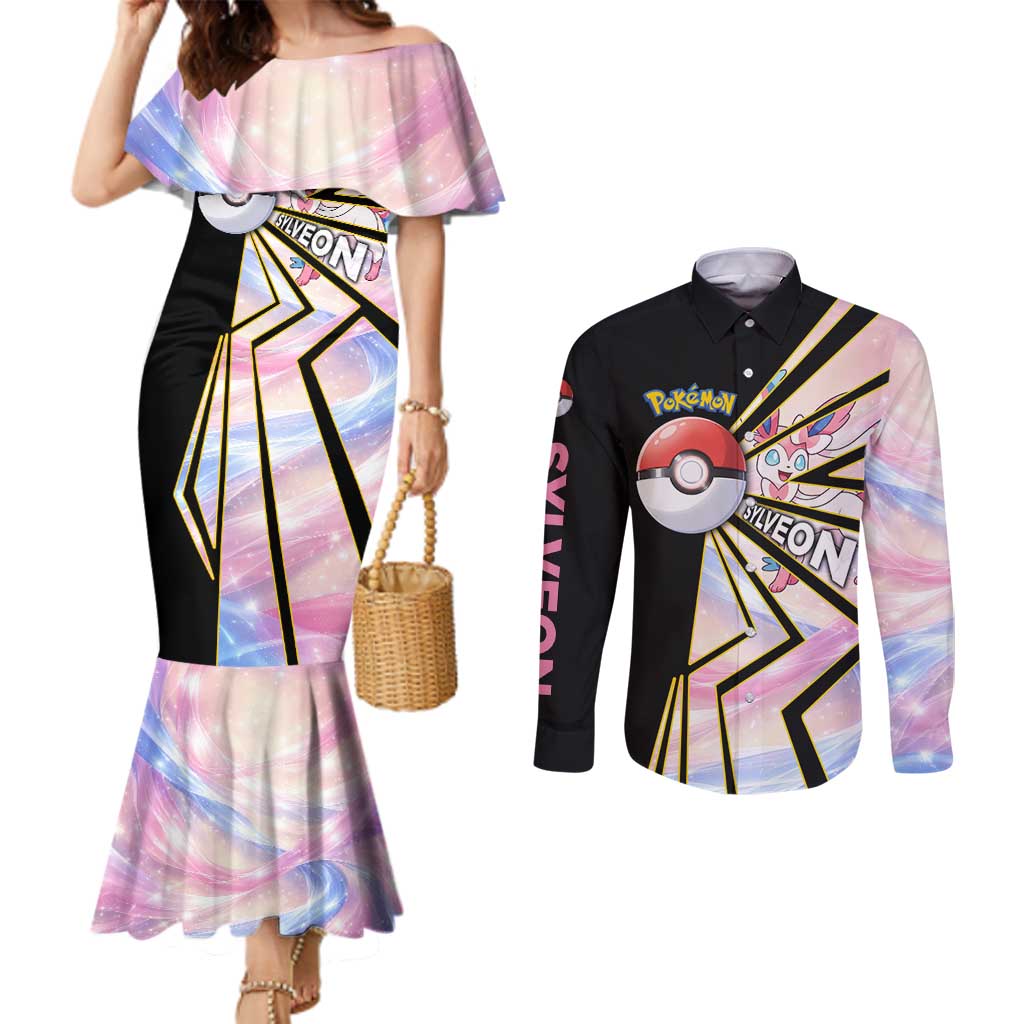 Sylveon Poké Couples Matching Mermaid Dress and Long Sleeve Button Shirt Pastel Ribbon Comic Style