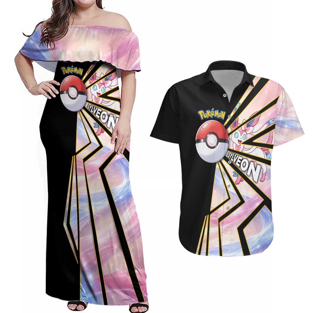 Sylveon Poké Couples Matching Off Shoulder Maxi Dress and Hawaiian Shirt Pastel Ribbon Comic Style