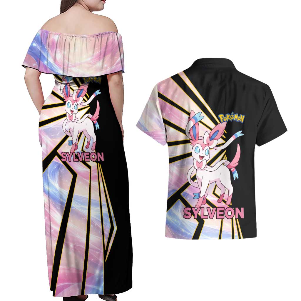 Sylveon Poké Couples Matching Off Shoulder Maxi Dress and Hawaiian Shirt Pastel Ribbon Comic Style