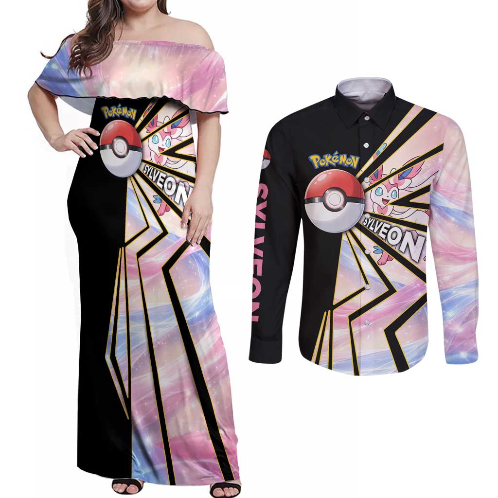 Sylveon Poké Couples Matching Off Shoulder Maxi Dress and Long Sleeve Button Shirt Pastel Ribbon Comic Style