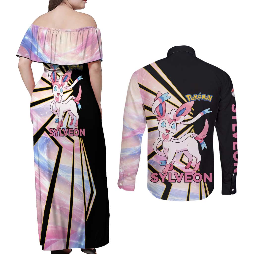 Sylveon Poké Couples Matching Off Shoulder Maxi Dress and Long Sleeve Button Shirt Pastel Ribbon Comic Style
