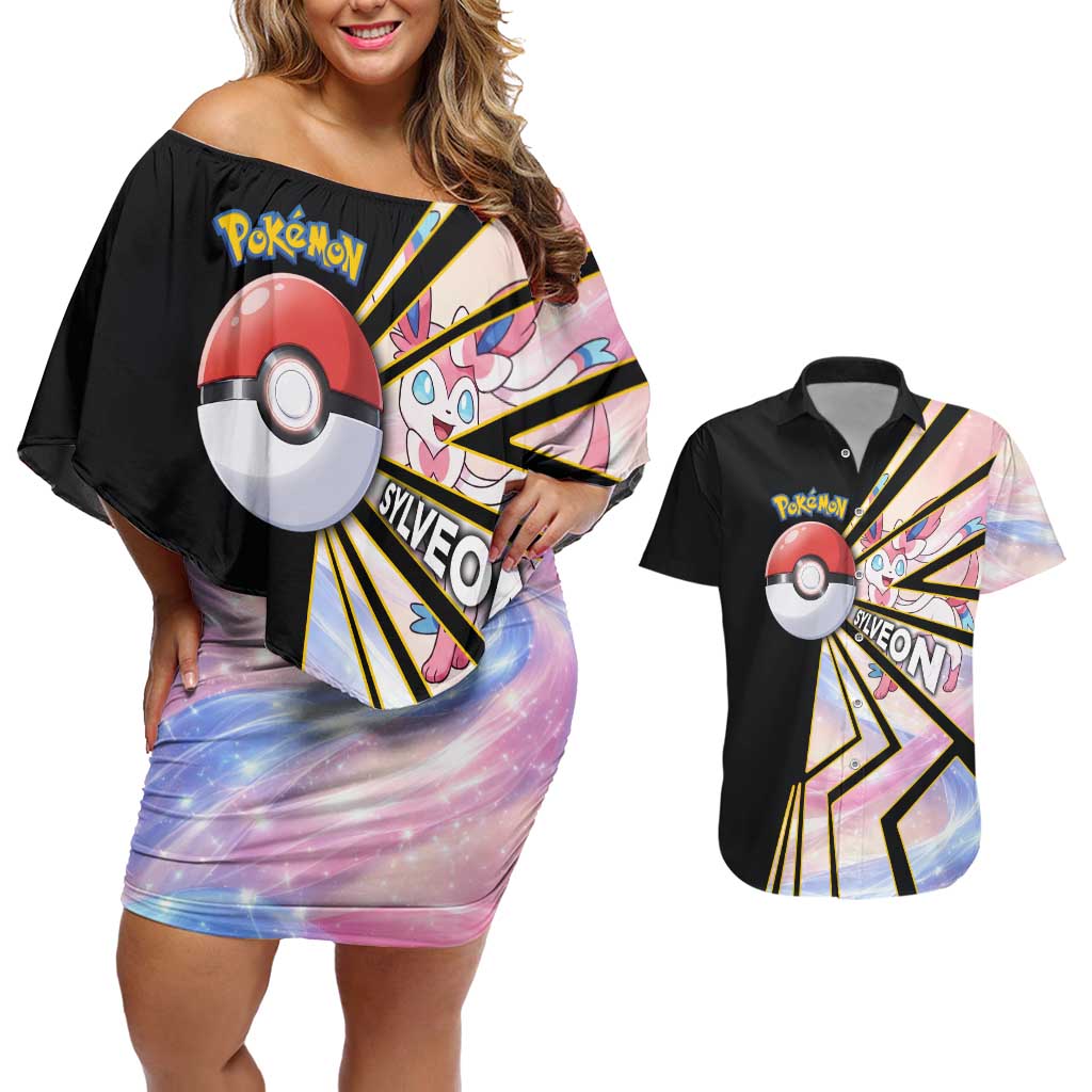 Sylveon Poké Couples Matching Off Shoulder Short Dress and Hawaiian Shirt Pastel Ribbon Comic Style