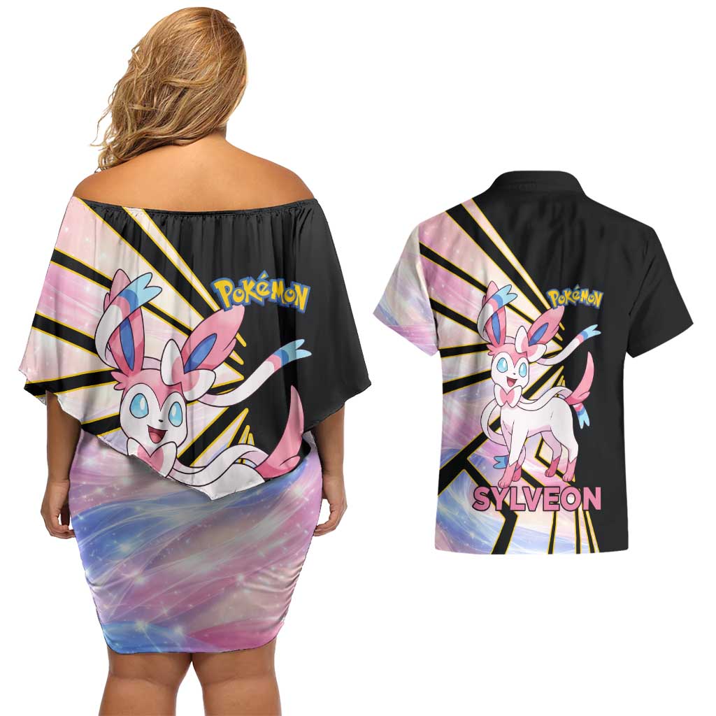 Sylveon Poké Couples Matching Off Shoulder Short Dress and Hawaiian Shirt Pastel Ribbon Comic Style