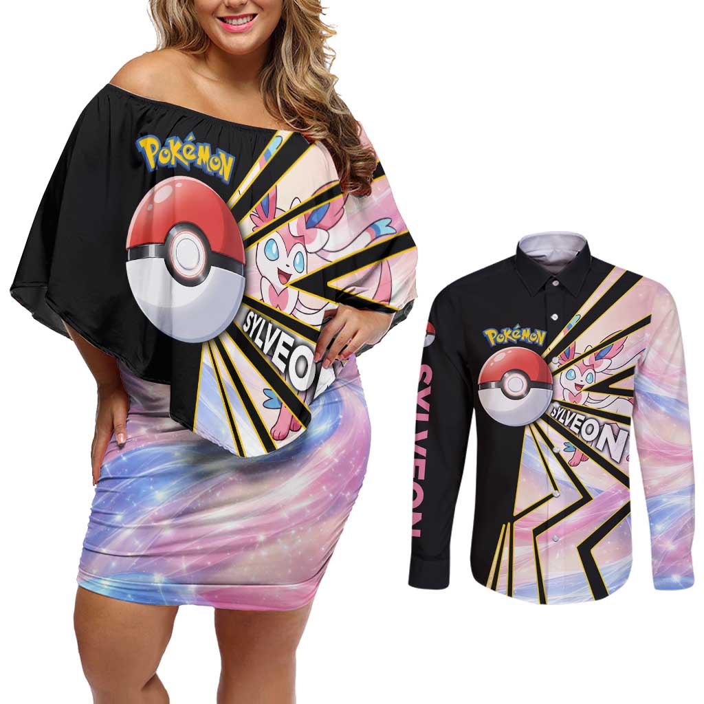 Sylveon Poké Couples Matching Off Shoulder Short Dress and Long Sleeve Button Shirt Pastel Ribbon Comic Style