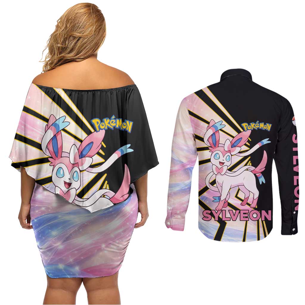 Sylveon Poké Couples Matching Off Shoulder Short Dress and Long Sleeve Button Shirt Pastel Ribbon Comic Style