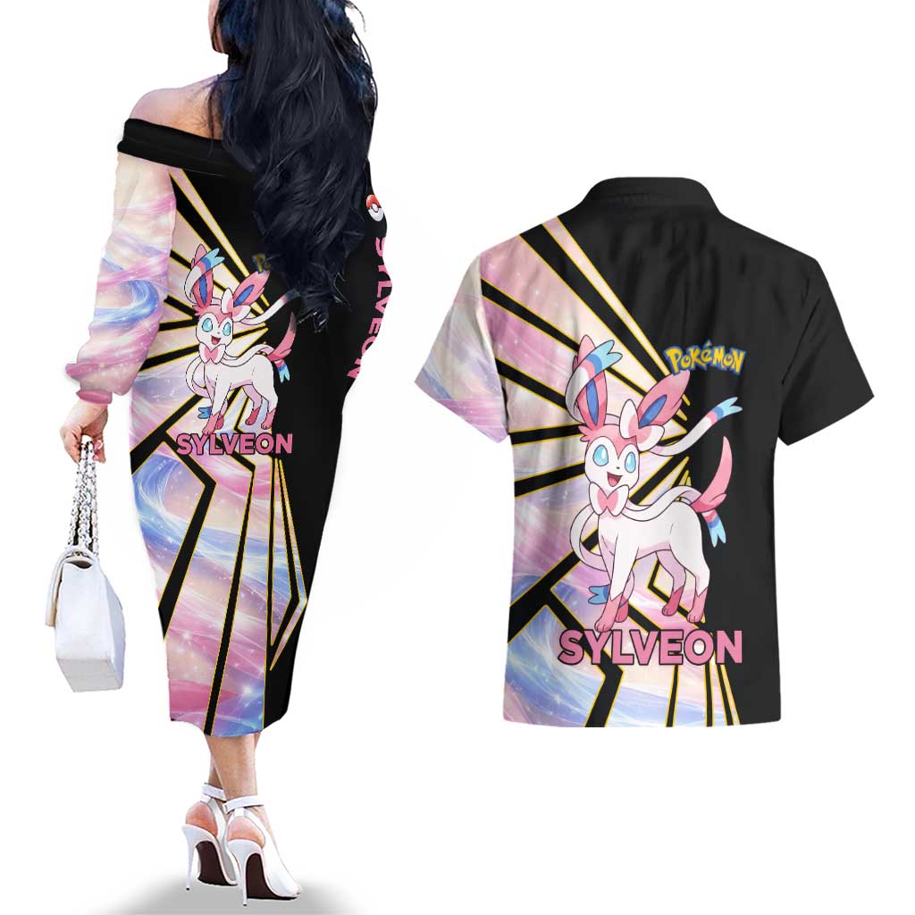Sylveon Poké Couples Matching Off The Shoulder Long Sleeve Dress and Hawaiian Shirt Pastel Ribbon Comic Style