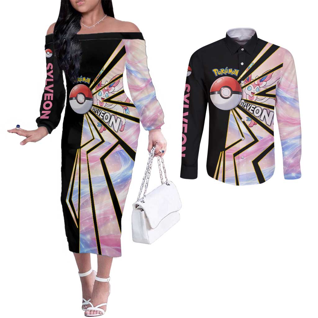 Sylveon Poké Couples Matching Off The Shoulder Long Sleeve Dress and Long Sleeve Button Shirt Pastel Ribbon Comic Style