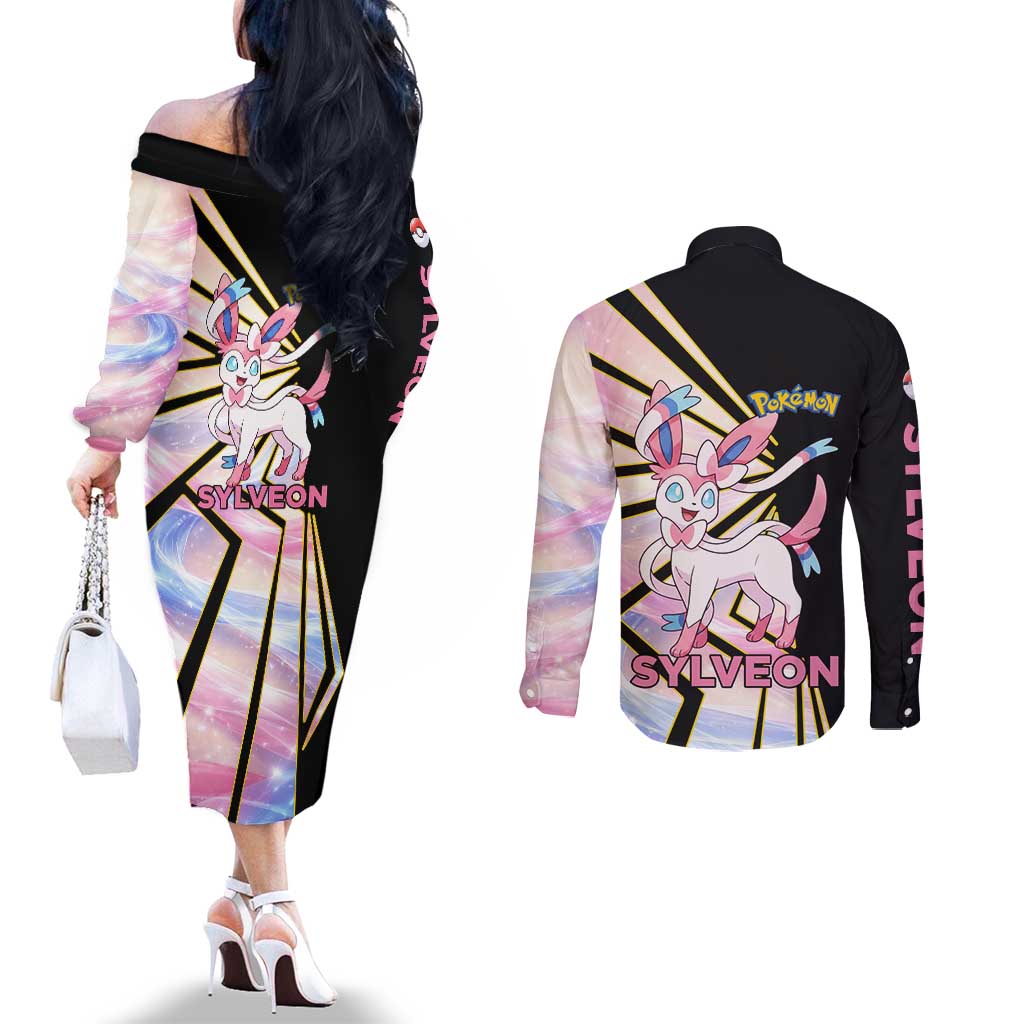 Sylveon Poké Couples Matching Off The Shoulder Long Sleeve Dress and Long Sleeve Button Shirt Pastel Ribbon Comic Style