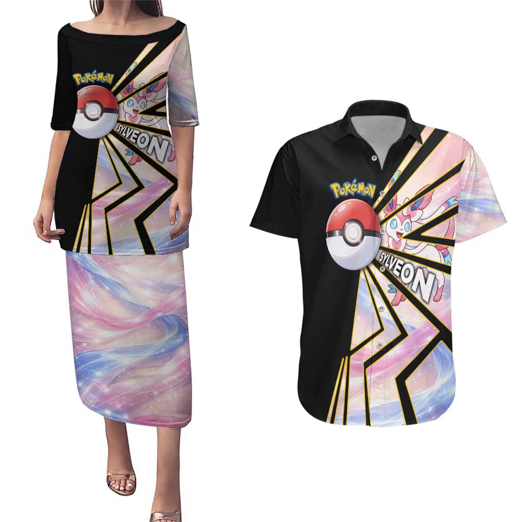 Sylveon Poké Couples Matching Puletasi and Hawaiian Shirt Pastel Ribbon Comic Style