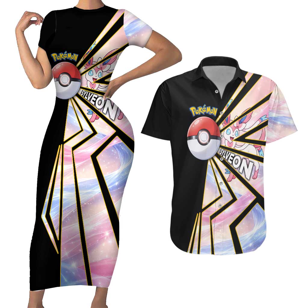 Sylveon Poké Couples Matching Short Sleeve Bodycon Dress and Hawaiian Shirt Pastel Ribbon Comic Style