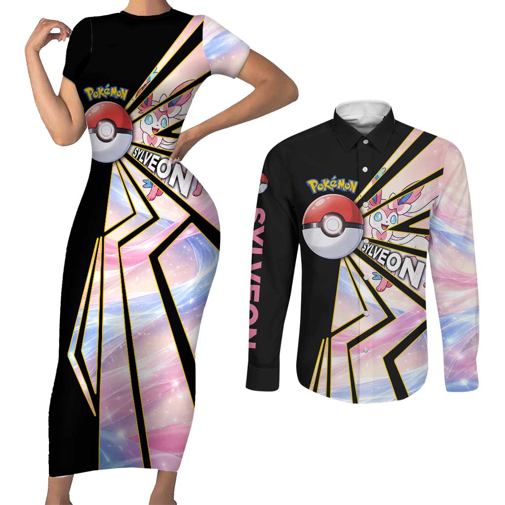 Sylveon Poké Couples Matching Short Sleeve Bodycon Dress and Long Sleeve Button Shirt Pastel Ribbon Comic Style