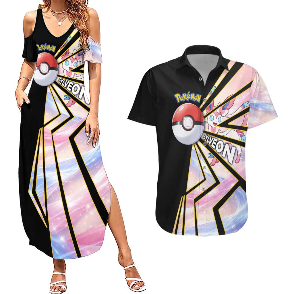 Sylveon Poké Couples Matching Summer Maxi Dress and Hawaiian Shirt Pastel Ribbon Comic Style
