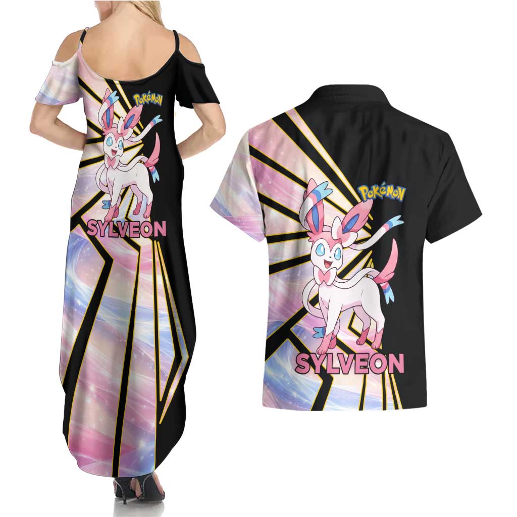 Sylveon Poké Couples Matching Summer Maxi Dress and Hawaiian Shirt Pastel Ribbon Comic Style