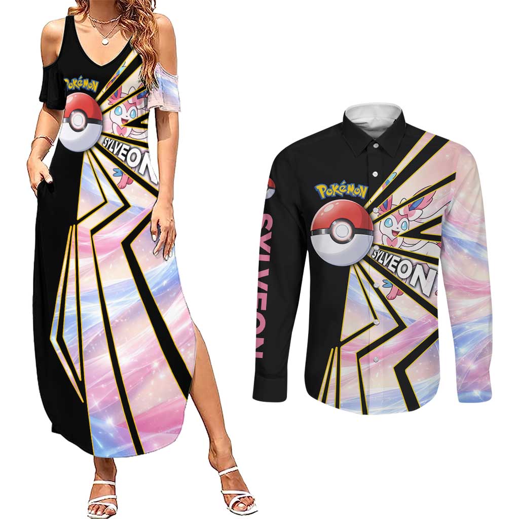Sylveon Poké Couples Matching Summer Maxi Dress and Long Sleeve Button Shirt Pastel Ribbon Comic Style