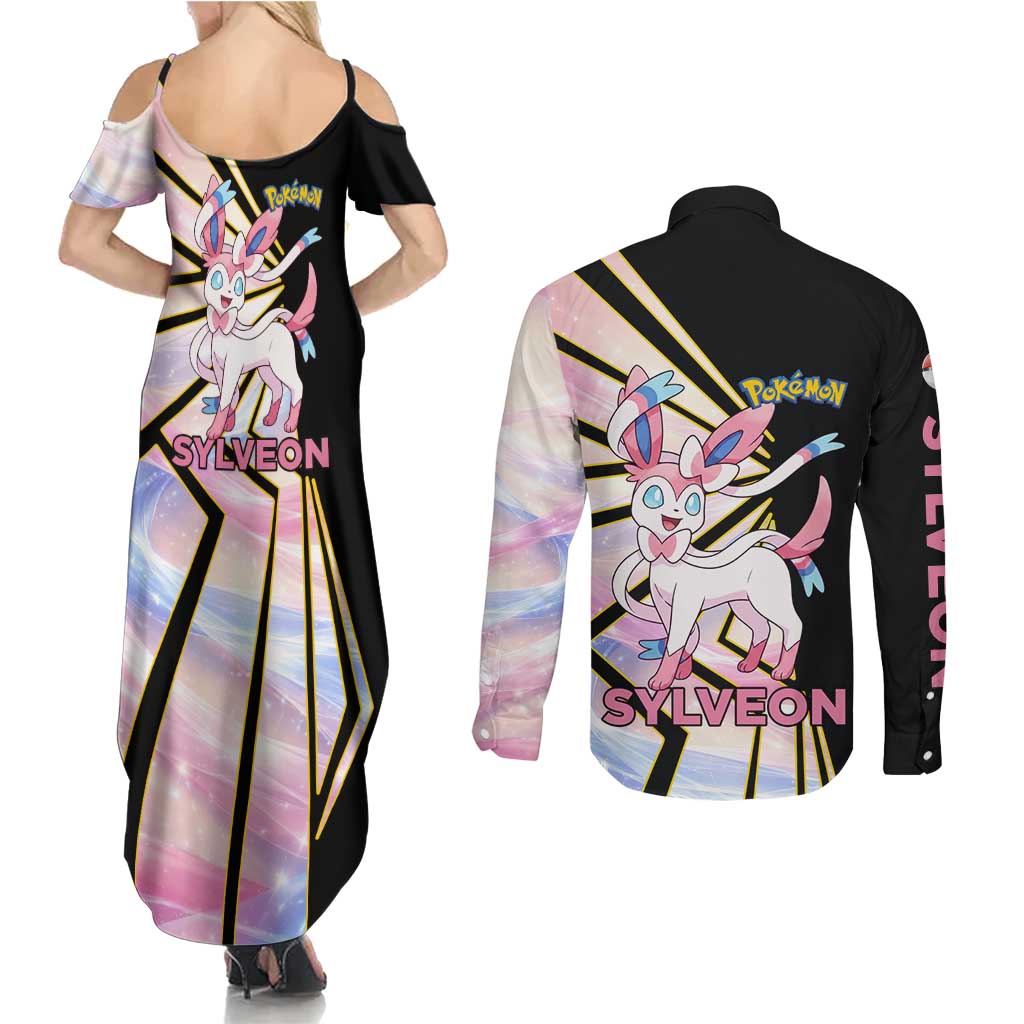 Sylveon Poké Couples Matching Summer Maxi Dress and Long Sleeve Button Shirt Pastel Ribbon Comic Style