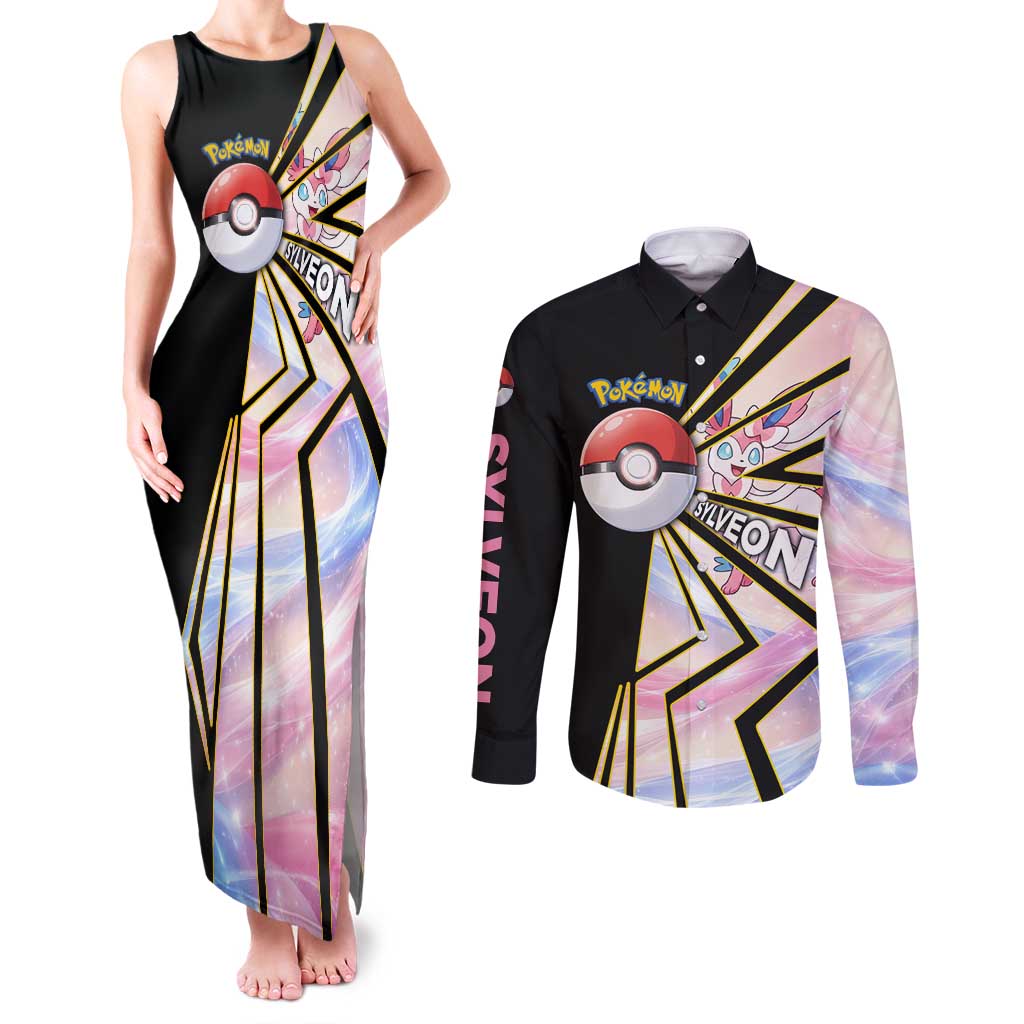 Sylveon Poké Couples Matching Tank Maxi Dress and Long Sleeve Button Shirt Pastel Ribbon Comic Style
