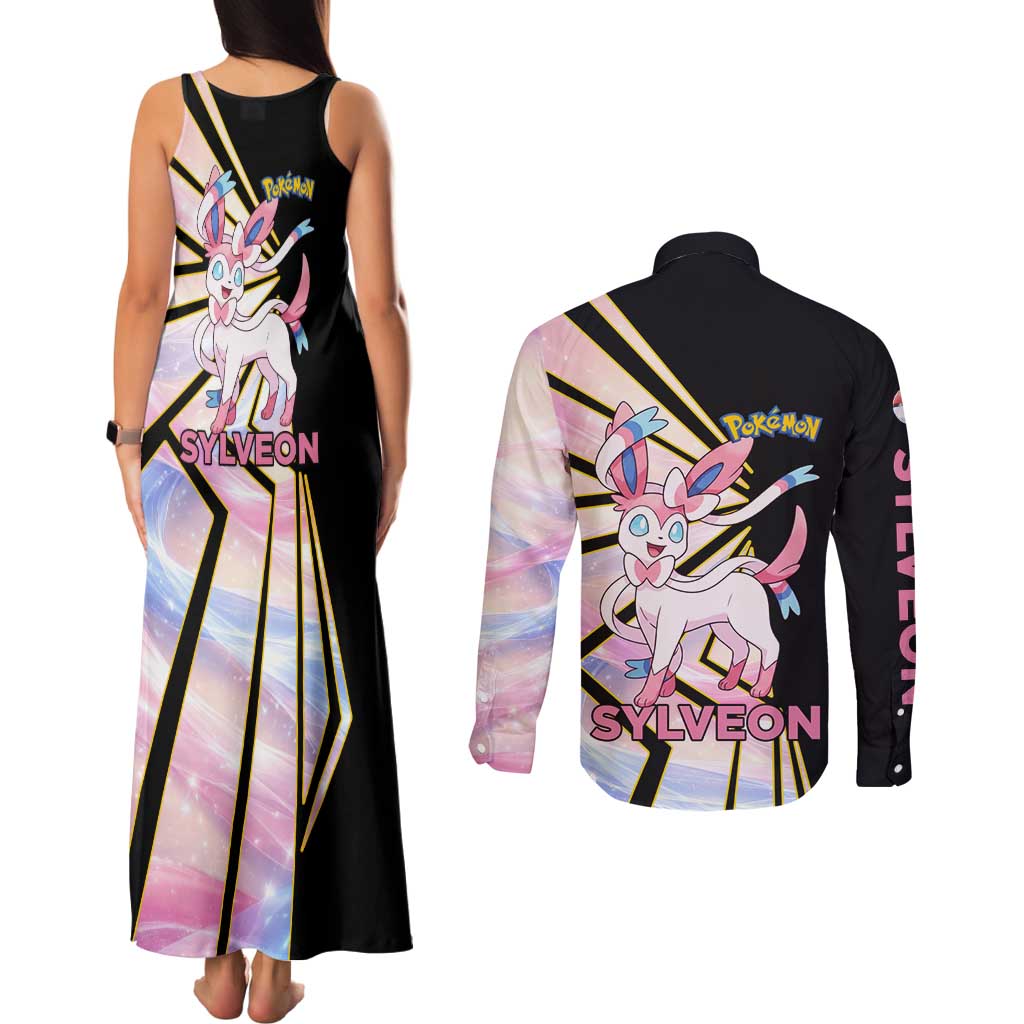 Sylveon Poké Couples Matching Tank Maxi Dress and Long Sleeve Button Shirt Pastel Ribbon Comic Style