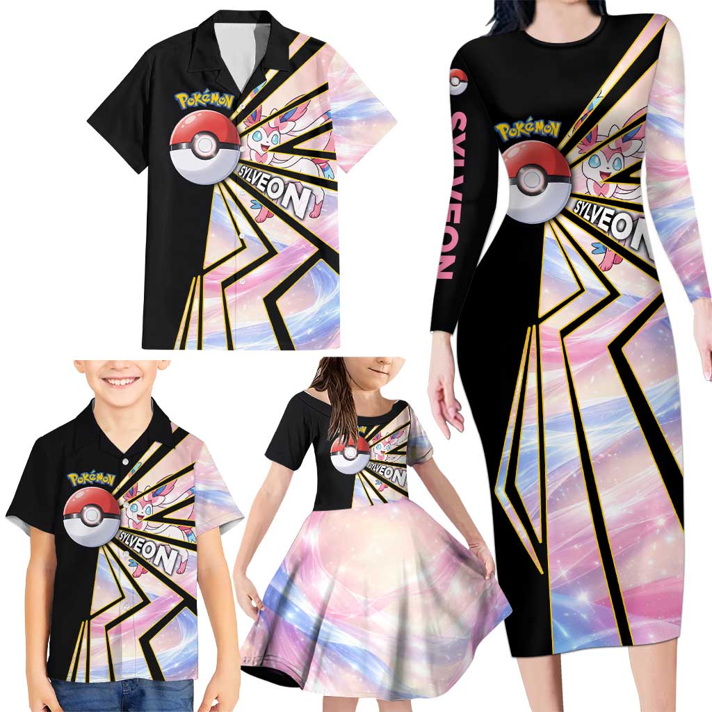 Sylveon Poké Family Matching Long Sleeve Bodycon Dress and Hawaiian Shirt Pastel Ribbon Comic Style
