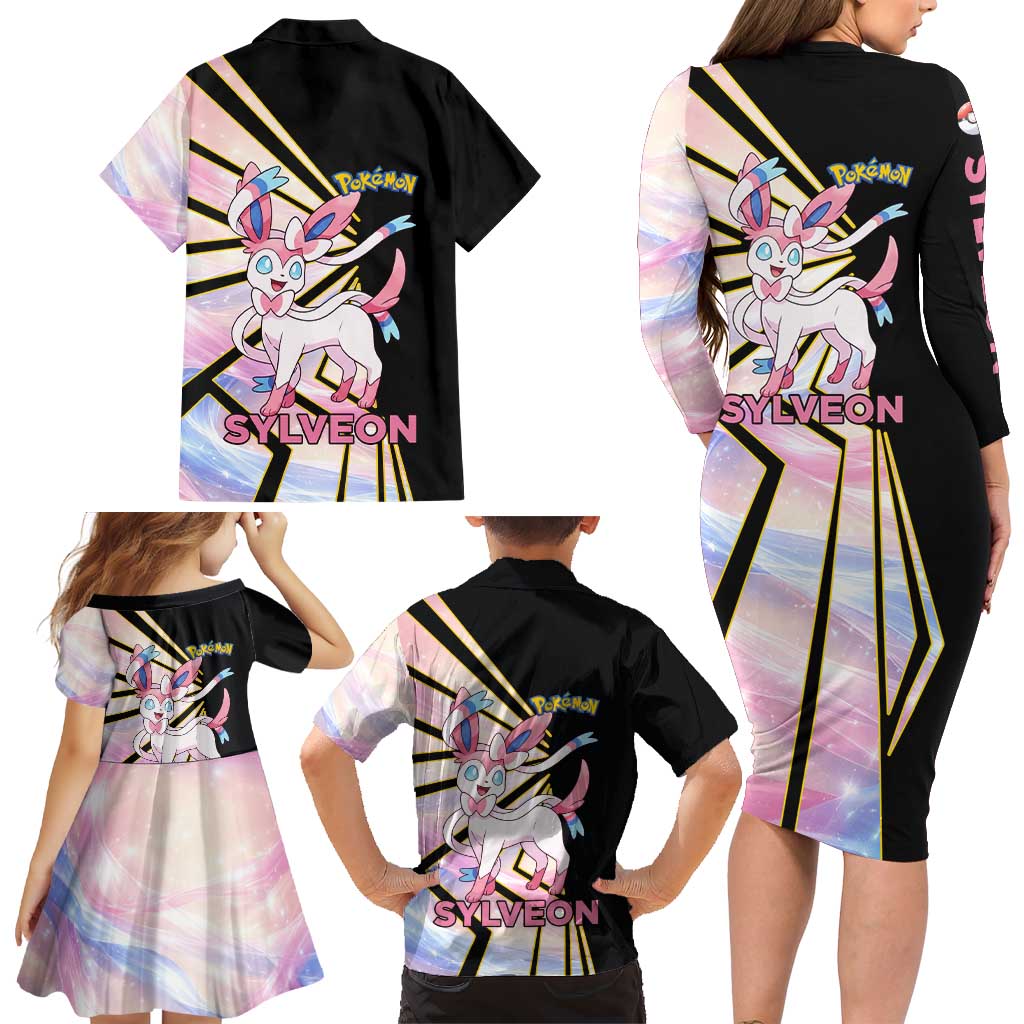 Sylveon Poké Family Matching Long Sleeve Bodycon Dress and Hawaiian Shirt Pastel Ribbon Comic Style