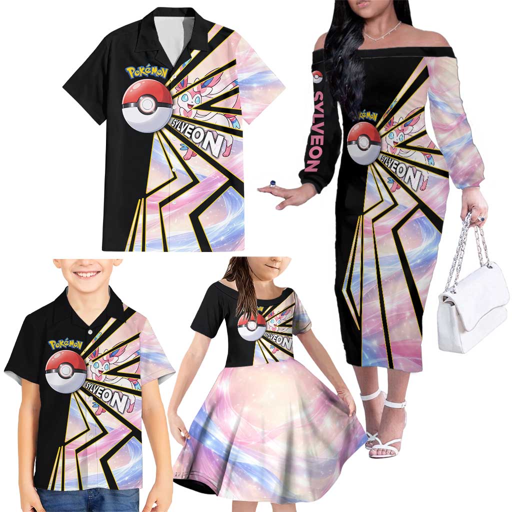 Sylveon Poké Family Matching Off The Shoulder Long Sleeve Dress and Hawaiian Shirt Pastel Ribbon Comic Style