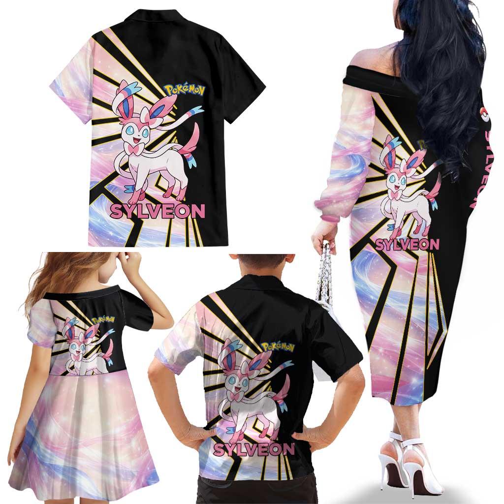 Sylveon Poké Family Matching Off The Shoulder Long Sleeve Dress and Hawaiian Shirt Pastel Ribbon Comic Style