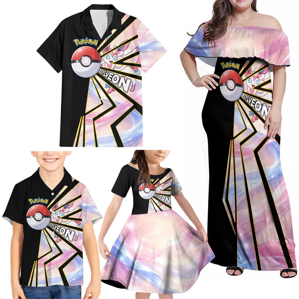 Sylveon Poké Family Matching Off Shoulder Maxi Dress and Hawaiian Shirt Pastel Ribbon Comic Style