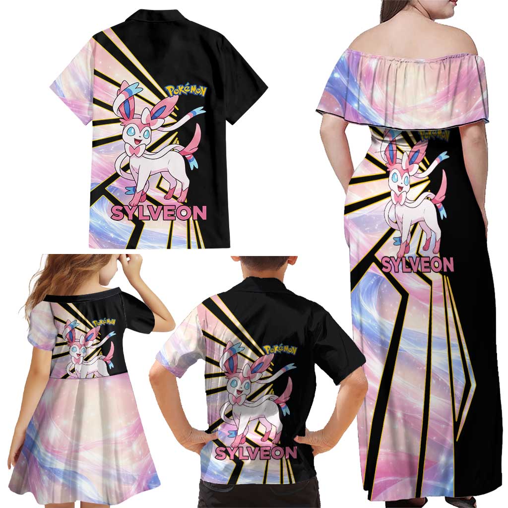 Sylveon Poké Family Matching Off Shoulder Maxi Dress and Hawaiian Shirt Pastel Ribbon Comic Style