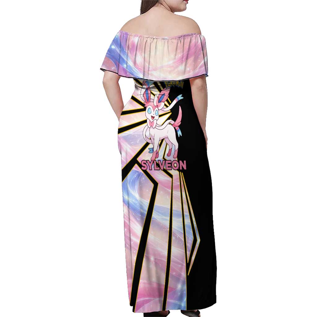 Sylveon Poké Family Matching Off Shoulder Maxi Dress and Hawaiian Shirt Pastel Ribbon Comic Style