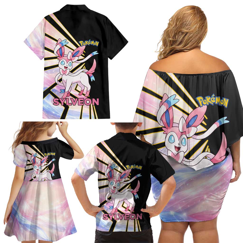 Sylveon Poké Family Matching Off Shoulder Short Dress and Hawaiian Shirt Pastel Ribbon Comic Style