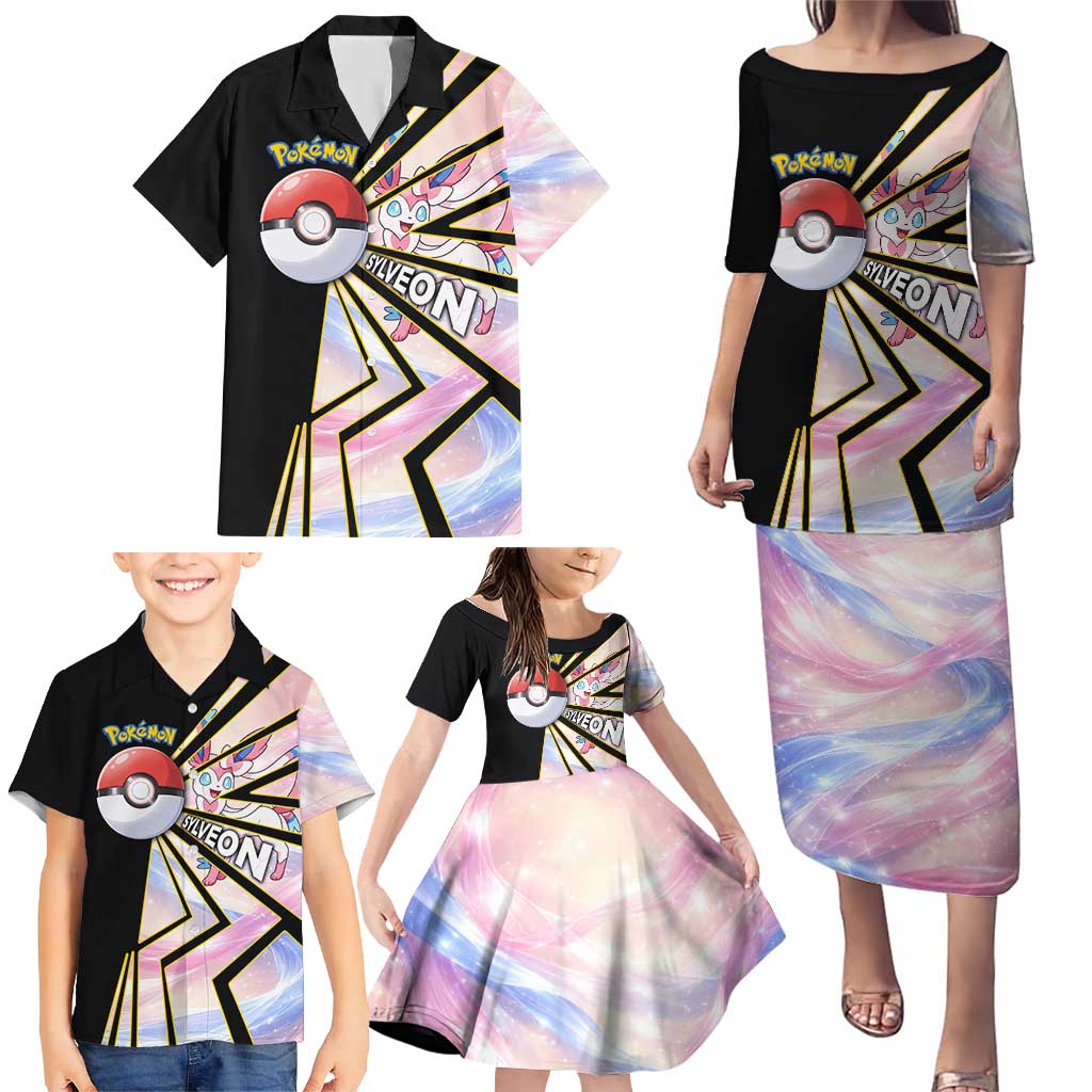 Sylveon Poké Family Matching Puletasi and Hawaiian Shirt Pastel Ribbon Comic Style