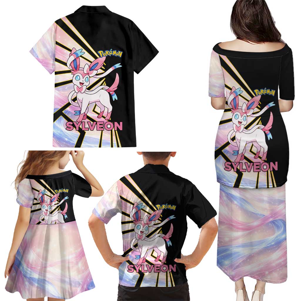 Sylveon Poké Family Matching Puletasi and Hawaiian Shirt Pastel Ribbon Comic Style