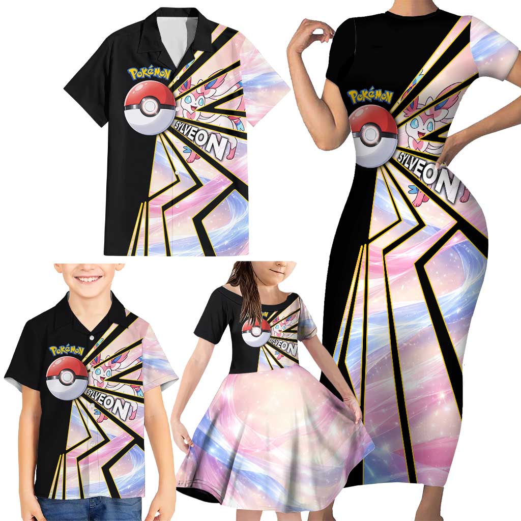 Sylveon Poké Family Matching Short Sleeve Bodycon Dress and Hawaiian Shirt Pastel Ribbon Comic Style