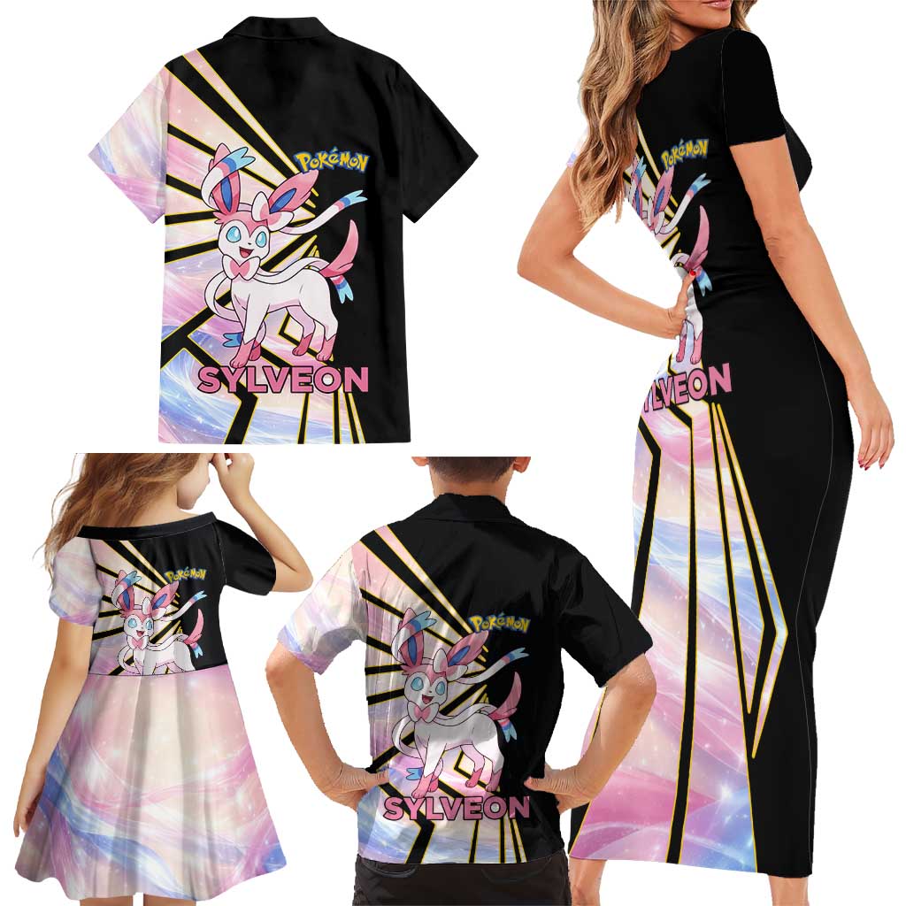 Sylveon Poké Family Matching Short Sleeve Bodycon Dress and Hawaiian Shirt Pastel Ribbon Comic Style
