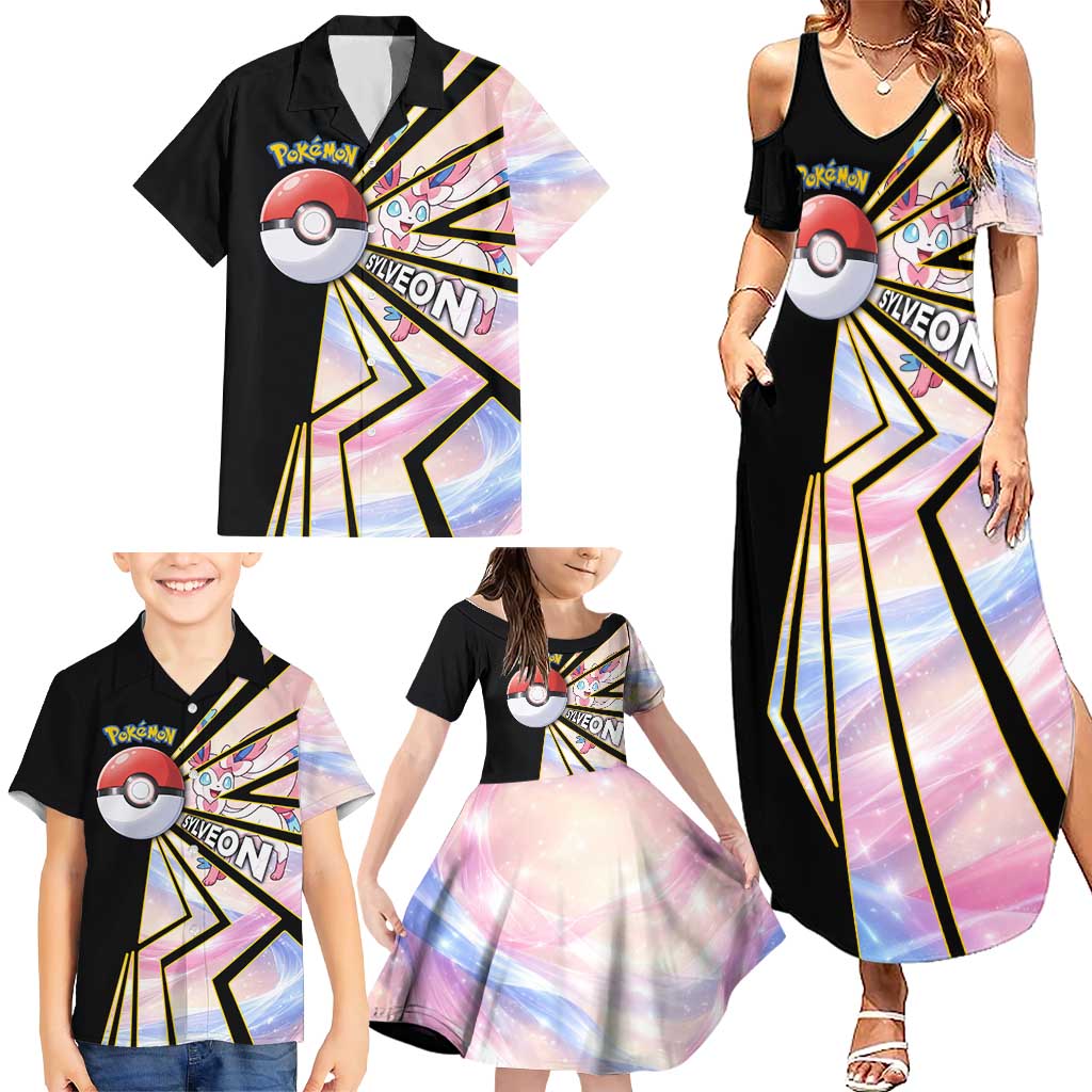 Sylveon Poké Family Matching Summer Maxi Dress and Hawaiian Shirt Pastel Ribbon Comic Style