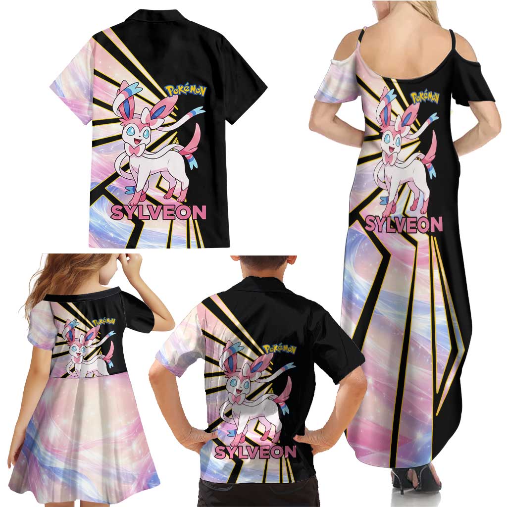 Sylveon Poké Family Matching Summer Maxi Dress and Hawaiian Shirt Pastel Ribbon Comic Style