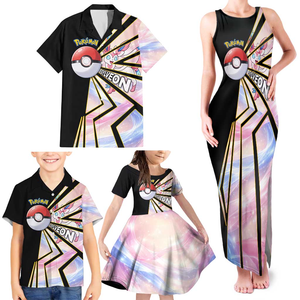 Sylveon Poké Family Matching Tank Maxi Dress and Hawaiian Shirt Pastel Ribbon Comic Style