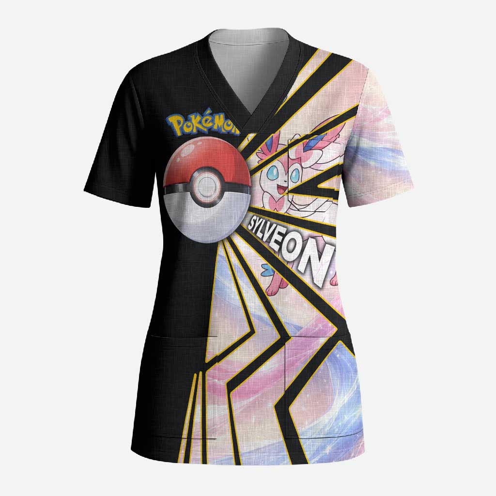Sylveon Poké Scrub Top Pastel Ribbon Comic Style
