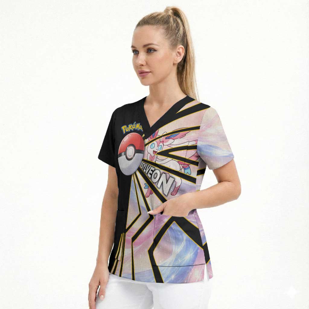 Sylveon Poké Scrub Top Pastel Ribbon Comic Style