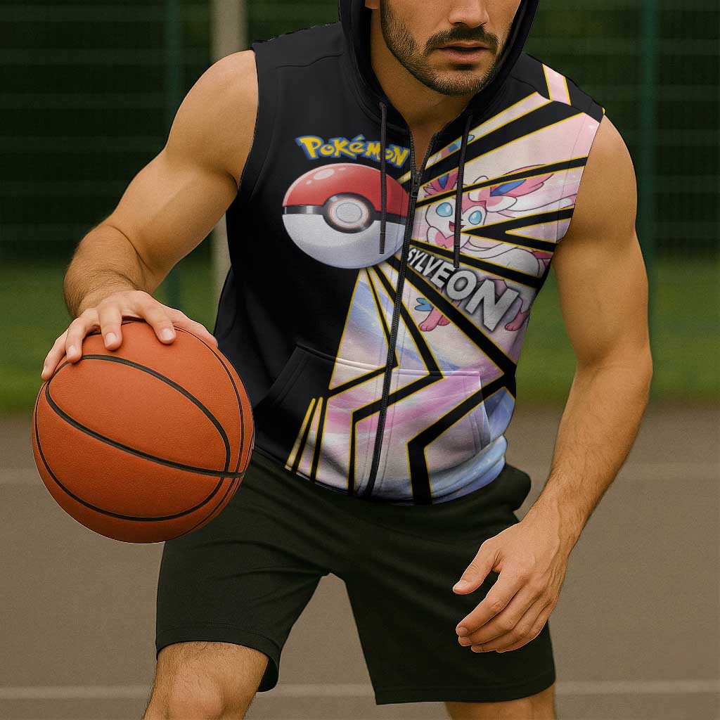 Sylveon Poké Sleeveless Zip Hoodie Pastel Ribbon Comic Style