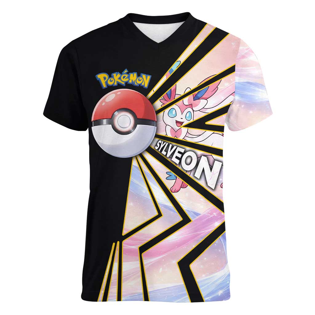 Sylveon Poké Women V-Neck T-Shirt Pastel Ribbon Comic Style