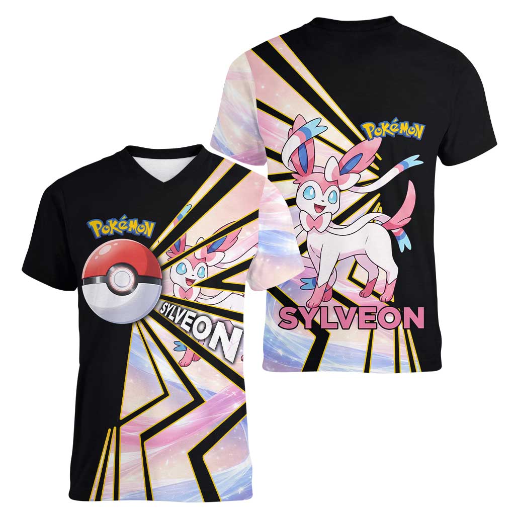 Sylveon Poké Women V-Neck T-Shirt Pastel Ribbon Comic Style