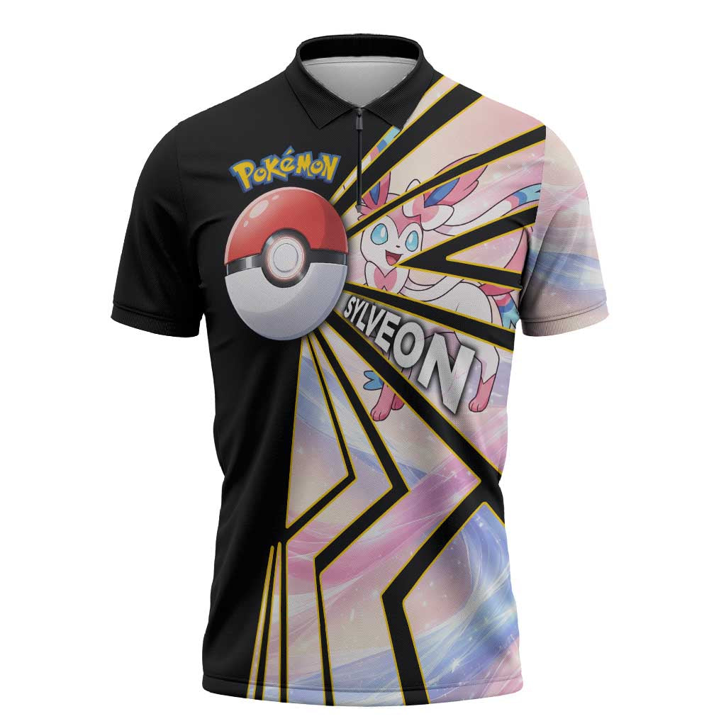 Sylveon Poké Zipper Polo Shirt Pastel Ribbon Comic Style