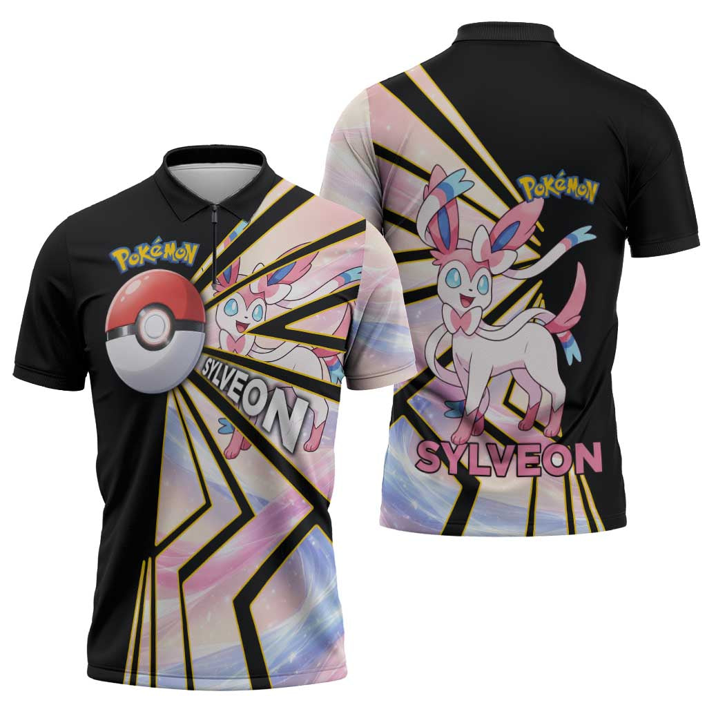 Sylveon Poké Zipper Polo Shirt Pastel Ribbon Comic Style