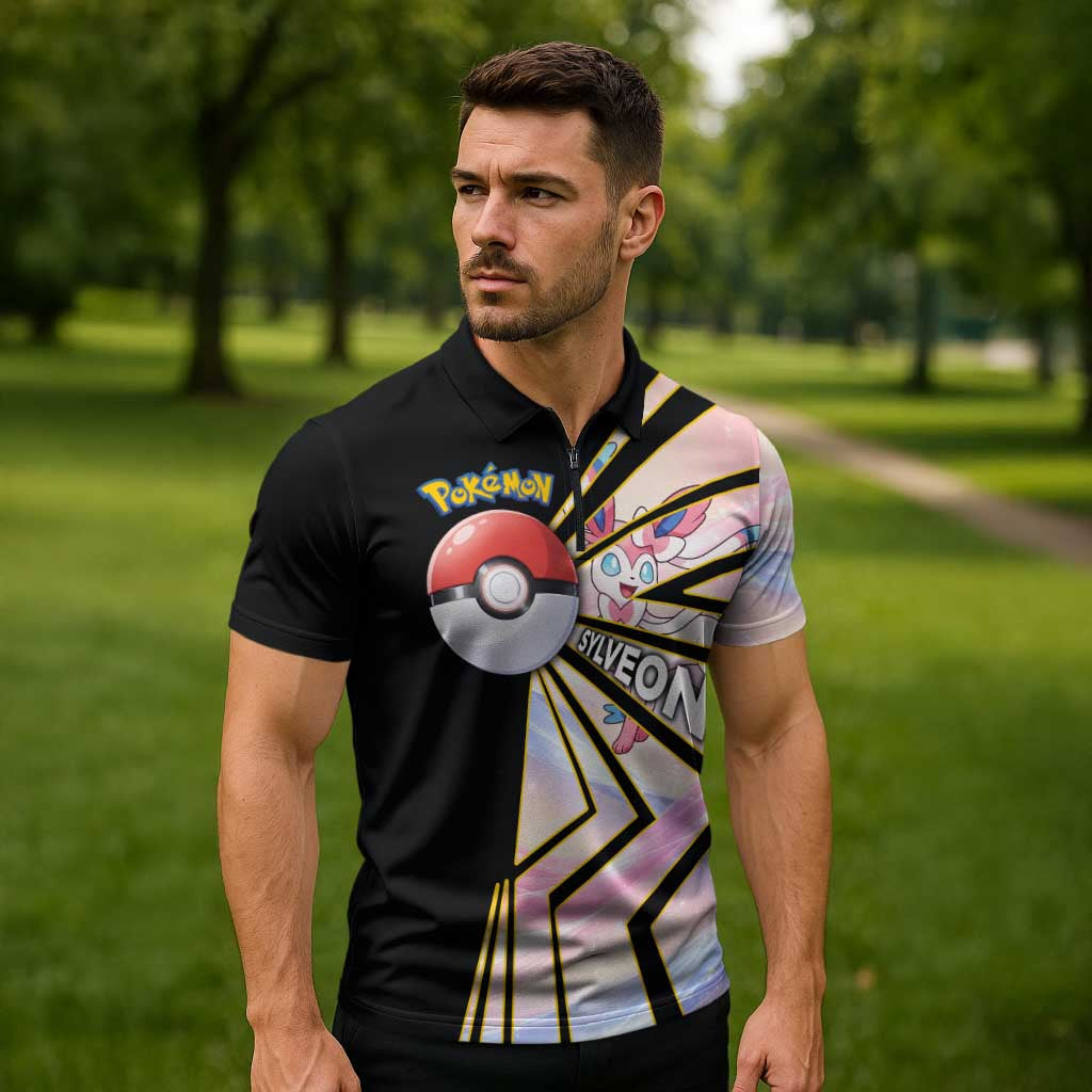 Sylveon Poké Zipper Polo Shirt Pastel Ribbon Comic Style