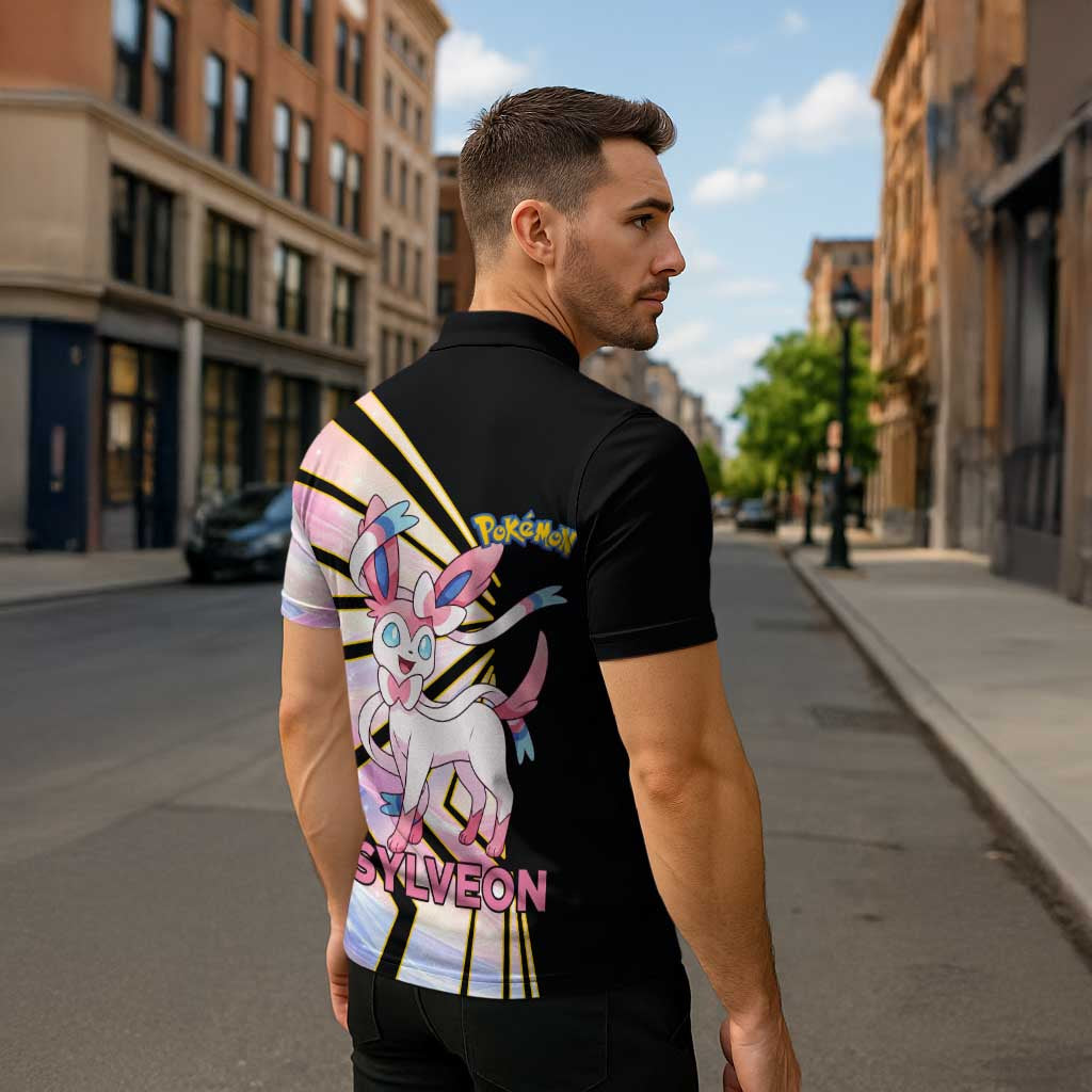 Sylveon Poké Zipper Polo Shirt Pastel Ribbon Comic Style