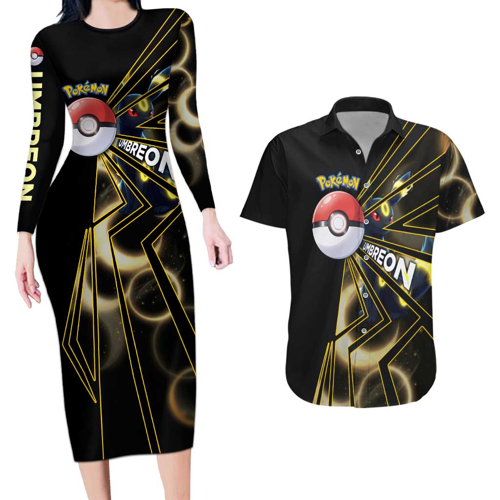 Umbreon Poké Couples Matching Long Sleeve Bodycon Dress and Hawaiian Shirt Lunar Eclipse Comic Style
