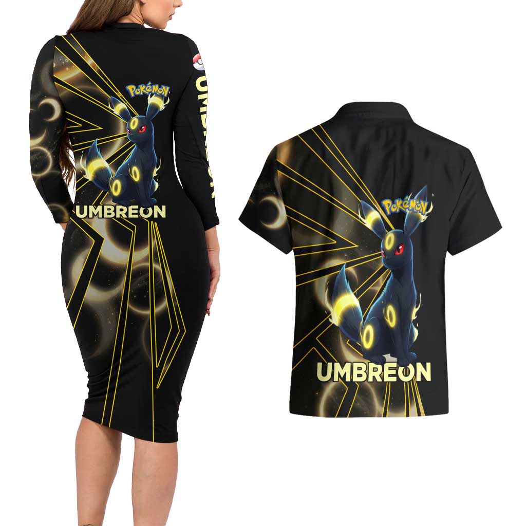 Umbreon Poké Couples Matching Long Sleeve Bodycon Dress and Hawaiian Shirt Lunar Eclipse Comic Style